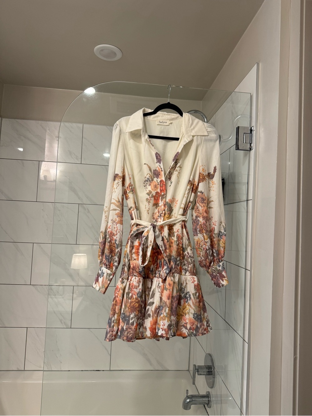 Designer Inspired Floral Cream Long-Sleeve Tiered Mini Dress
